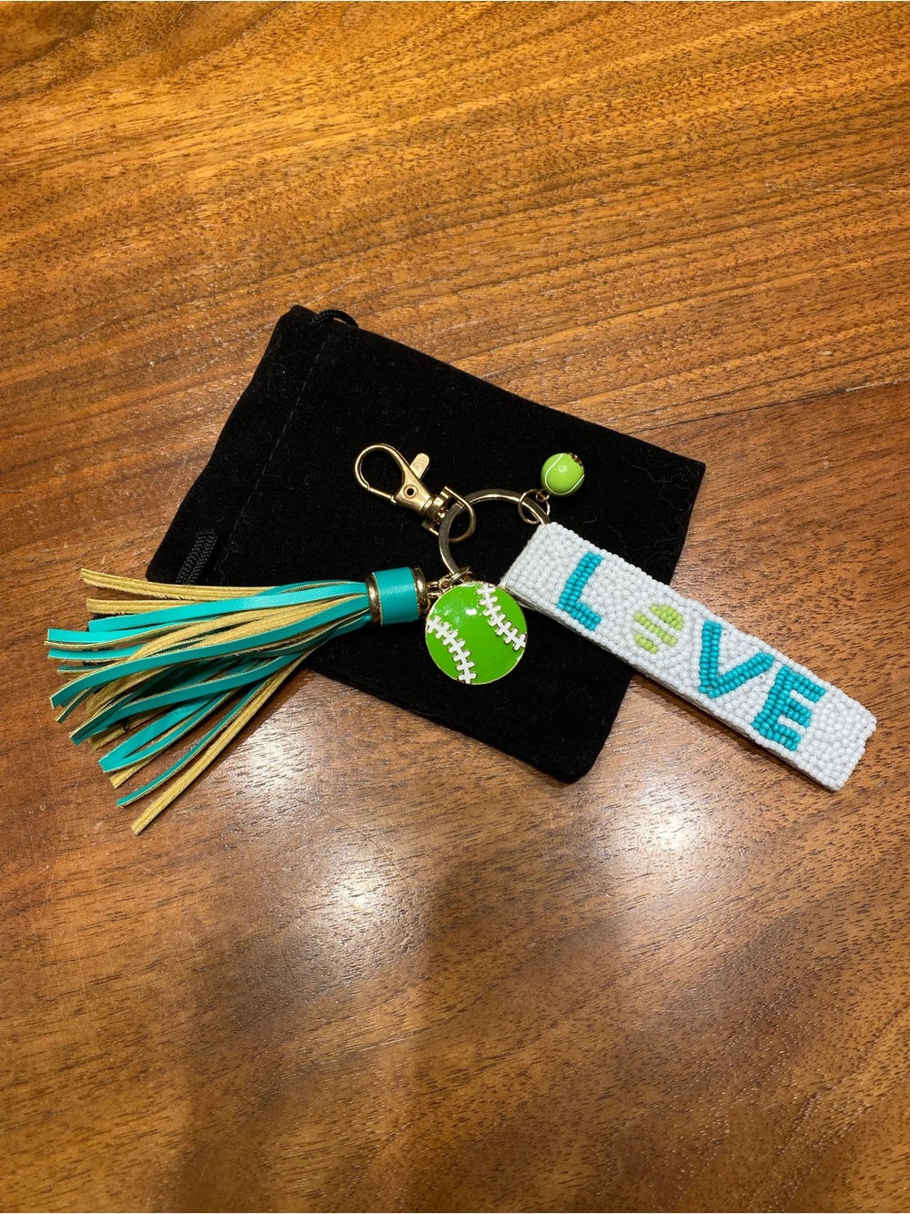 Tennis Themed Teal & Yellow Tassel Keychain with 'LOVE' Tennis Ball Charms
